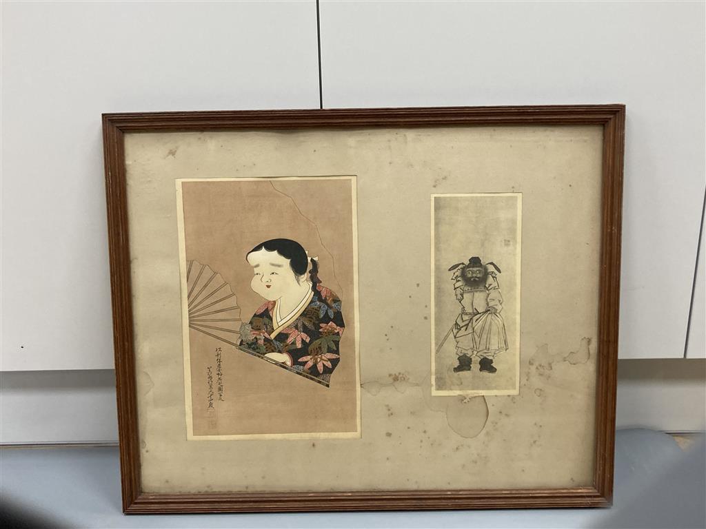 A 19th century Japanese coloured woodblock print of Okame and a monochrome print of Shoki, 33 x 22cm & 25 x 10.5cm